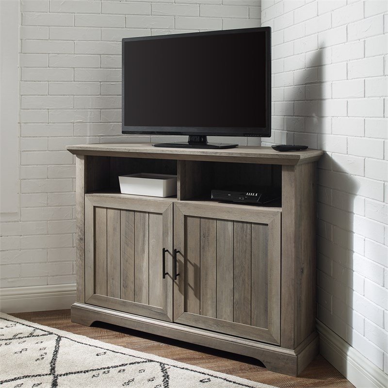 Pemberly Row 48" Grooved Door Corner TV Stand in Gray Wash Homesquare