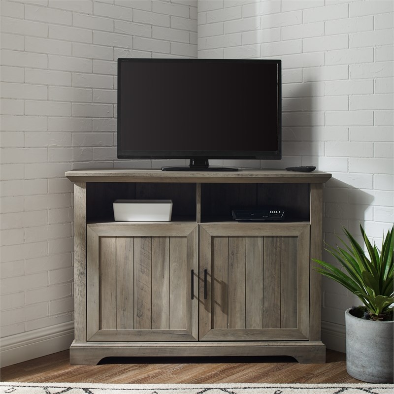 Pemberly Row 48" Grooved Door Corner TV Stand in Gray Wash Homesquare