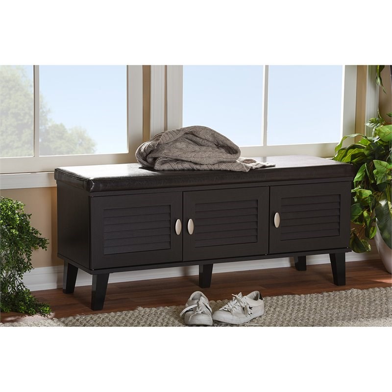 Pemberly Row 3 Door Faux Leather Shoe Bench in Espresso
