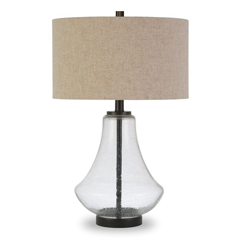 Pemberly Row Modern Farmhouse Brushed Brass Table Lamp with Seeded Glass Shade