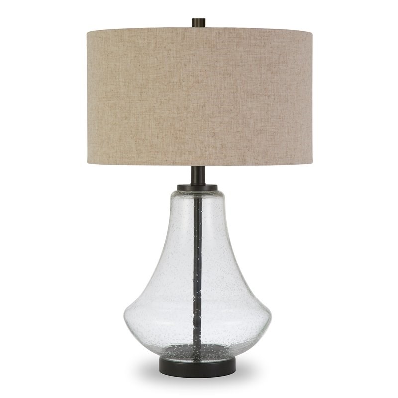 Pemberly Row Modern Farmhouse Brushed Brass Table Lamp with Seeded Glass Shade