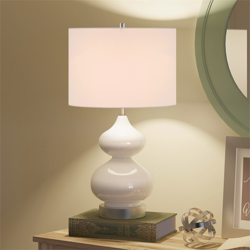 Pemberly Row White Glass Double Gourd Table Lamp with Linen Fabric Shade