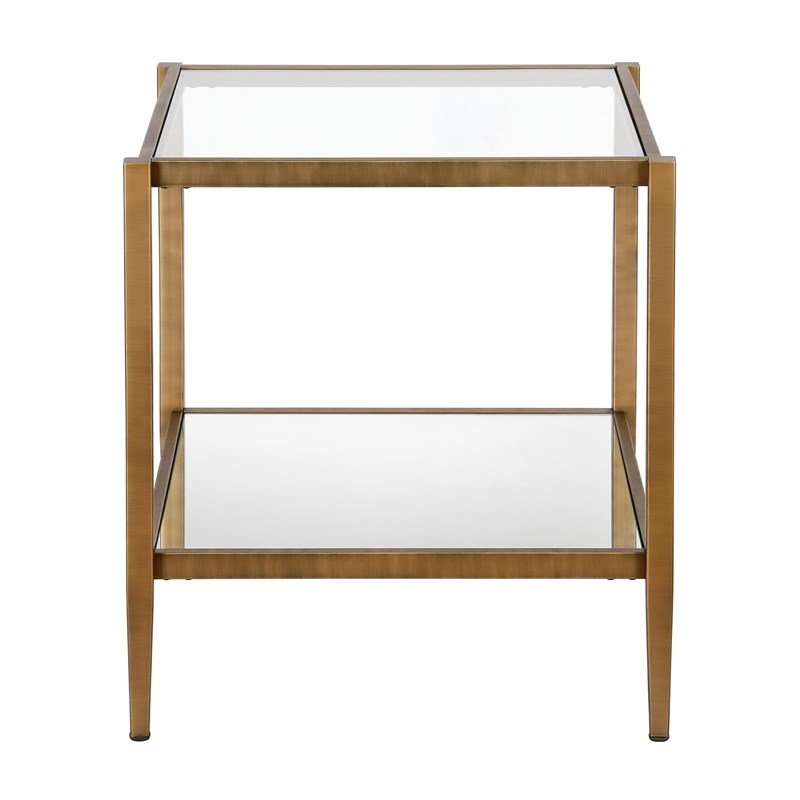 Pemberly Row Metal Glam Side Table with Mirrored Shelf in Antique Brass