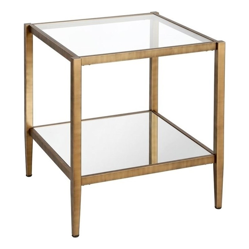 Pemberly Row Metal Glam Side Table with Mirrored Shelf in Antique Brass