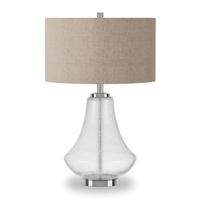 Pemberly Row Modern Farmhouse Nickel and Gray Table Lamp with Seeded Glass Shade