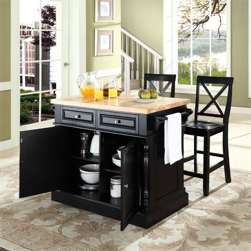 Pemberly Row Butcher Block Top Kitchen Island with Stools in Black