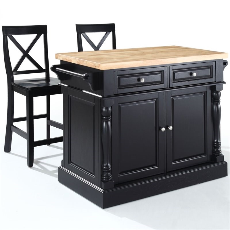 Pemberly Row Butcher Block Top Kitchen Island with Stools in Black