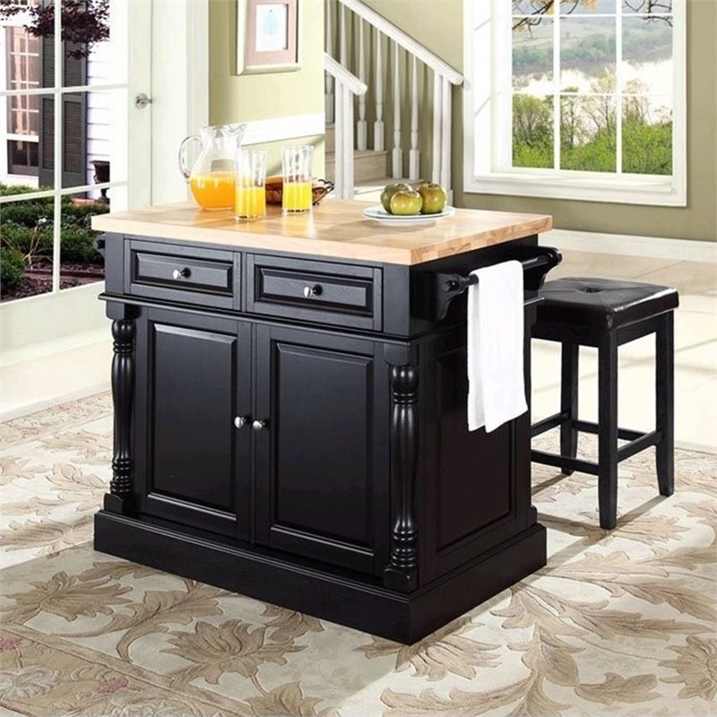 Pemberly Row Butcher Block Top Kitchen Island with Square Stools in Black