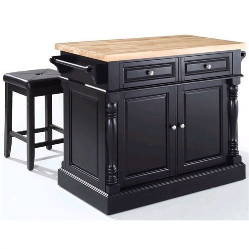 Pemberly Row Butcher Block Top Kitchen Island with Square Stools in Black