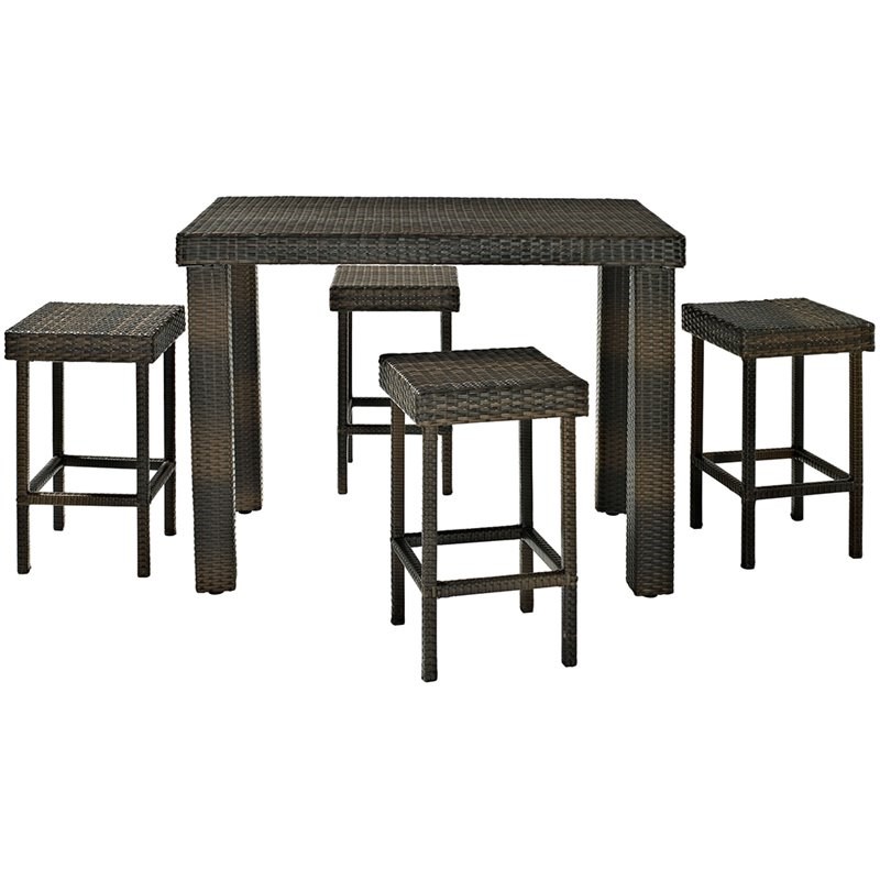 Pemberly Row 5 Piece Wicker Patio Counter Height Dining Set in Brown