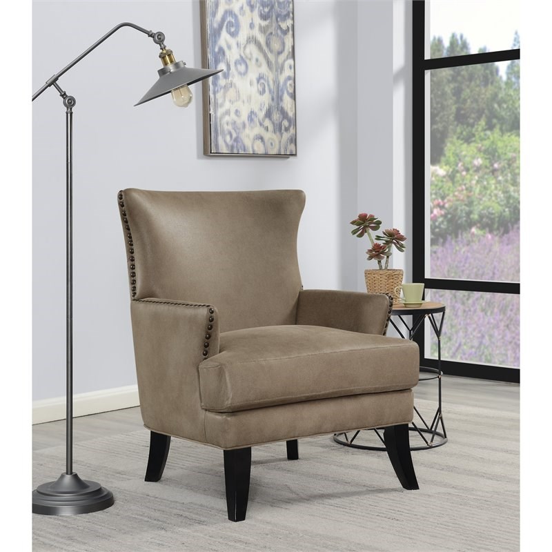 Pemberly Row Faux Suede Accent Chair with Nailhead Trim in Beige Homesquare