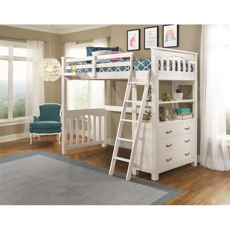 Pemberly Row Twin Wooden Loft Bed with Dresser and Hanging Nightstand