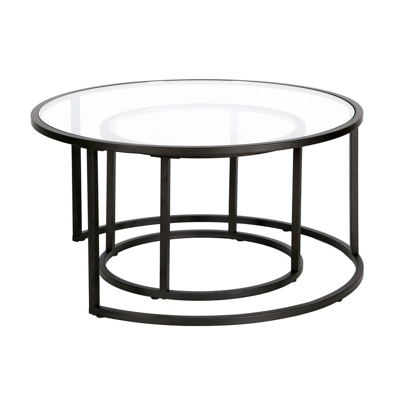 Pemberly Row Metal Double Nested Round Coffee Table in Black with Glass Top