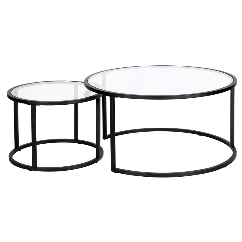 Pemberly Row Metal Double Nested Round Coffee Table in Black with Glass Top