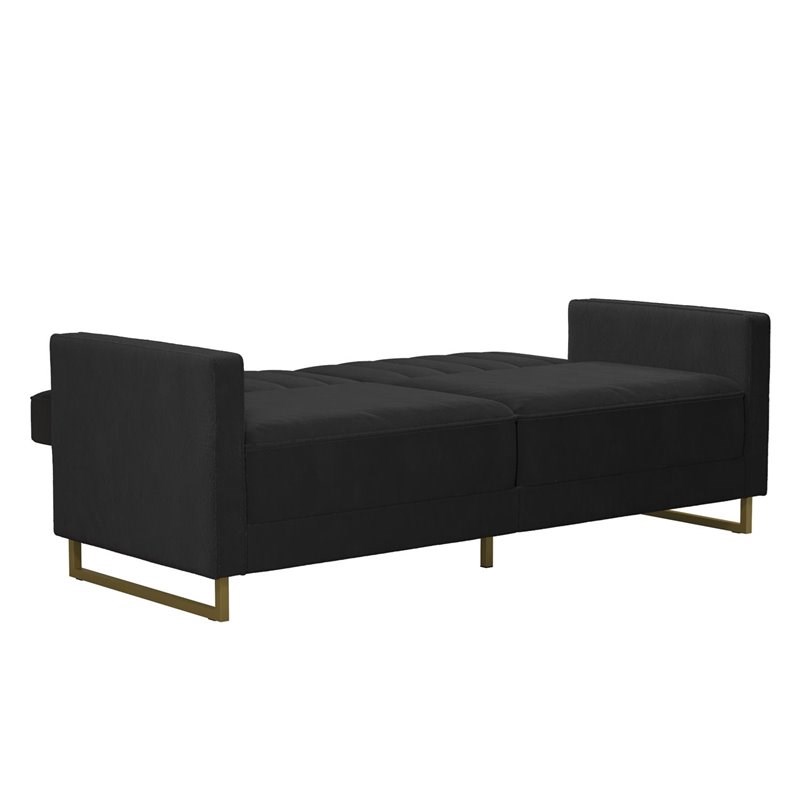 Pemberly Row Coil Futon Modern Sofa Bed and Couch in Black Velvet