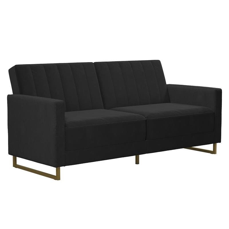 Pemberly Row Coil Futon Modern Sofa Bed and Couch in Black Velvet