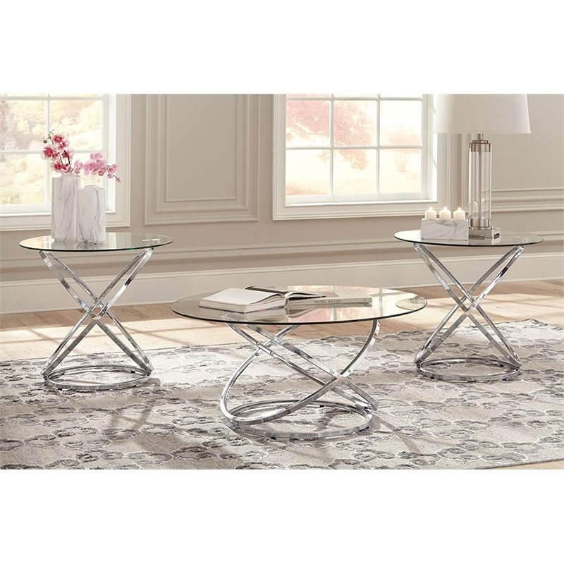 Pemberly Row 3 Piece Glass Top Coffee Table Set in Chrome