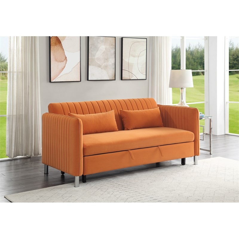 Pemberly Row Velvet Upholstered Click Clack Convertible Sofa in Orange