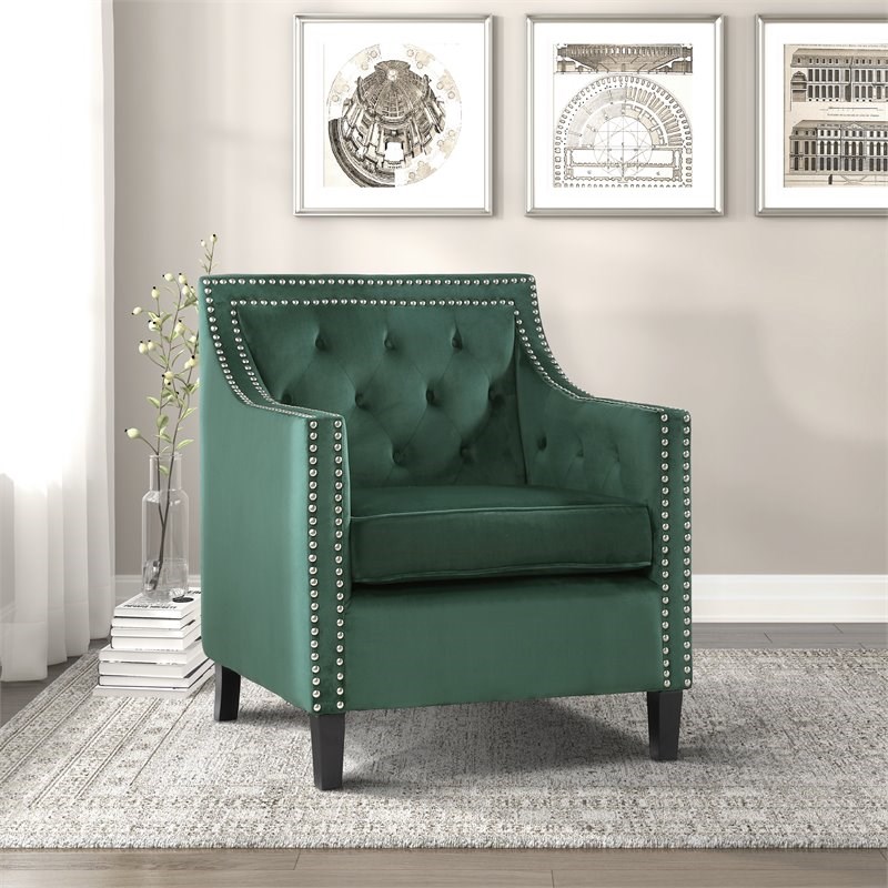 Pemberly Row Traditional Wood Accent Chair in Forest Green Velvet