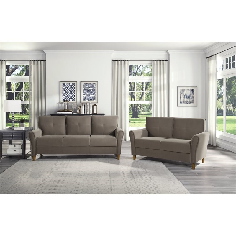 Pemberly Row Modern Contemporary Velvet Tufted Loveseat in Brown and Walnut