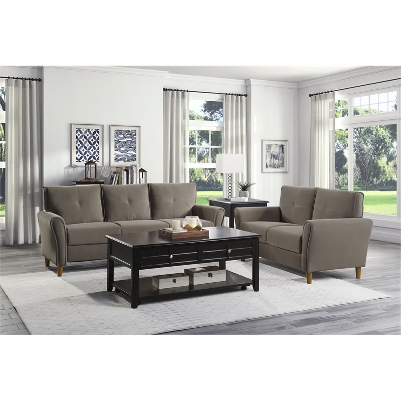 Pemberly Row Modern Contemporary Velvet Tufted Loveseat in Brown and Walnut