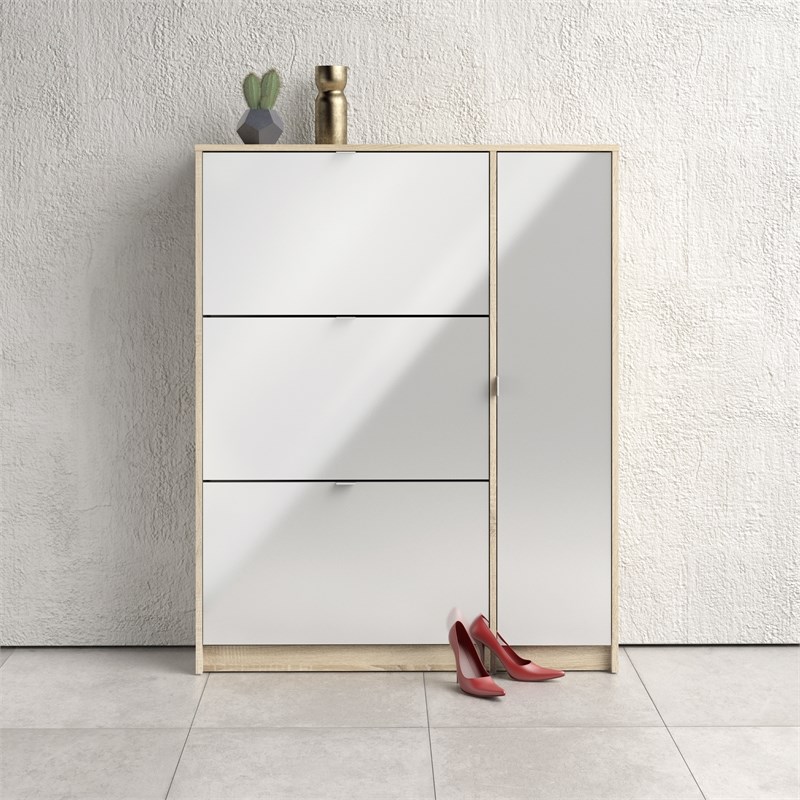 Pemberly Row 3 Drawer Shoe Cabinet & Door in Oak-White High Gloss with 2 Layers