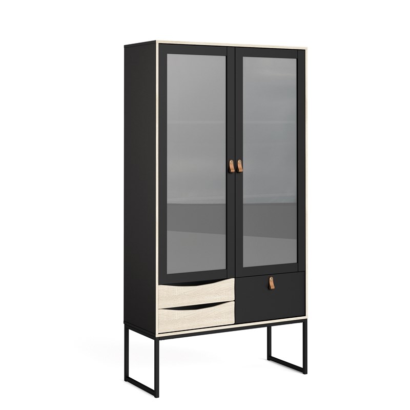 Pemberly Row 2 Glass Door Cabinet with 3 Drawers in Black Matte/Oak Structure