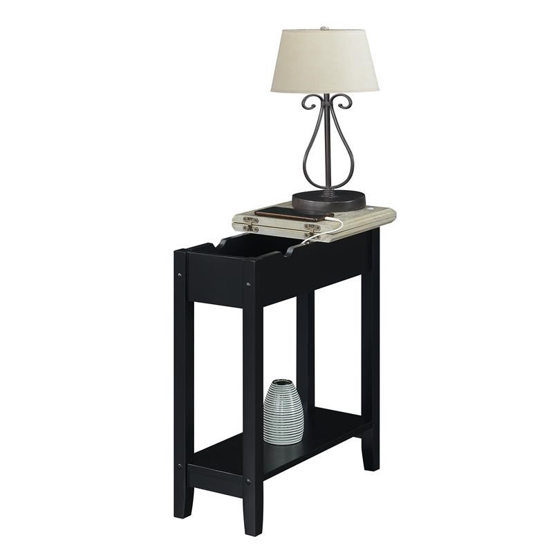 Pemberly Row Flip Top End Table with Charging Station in Black Wood Finish