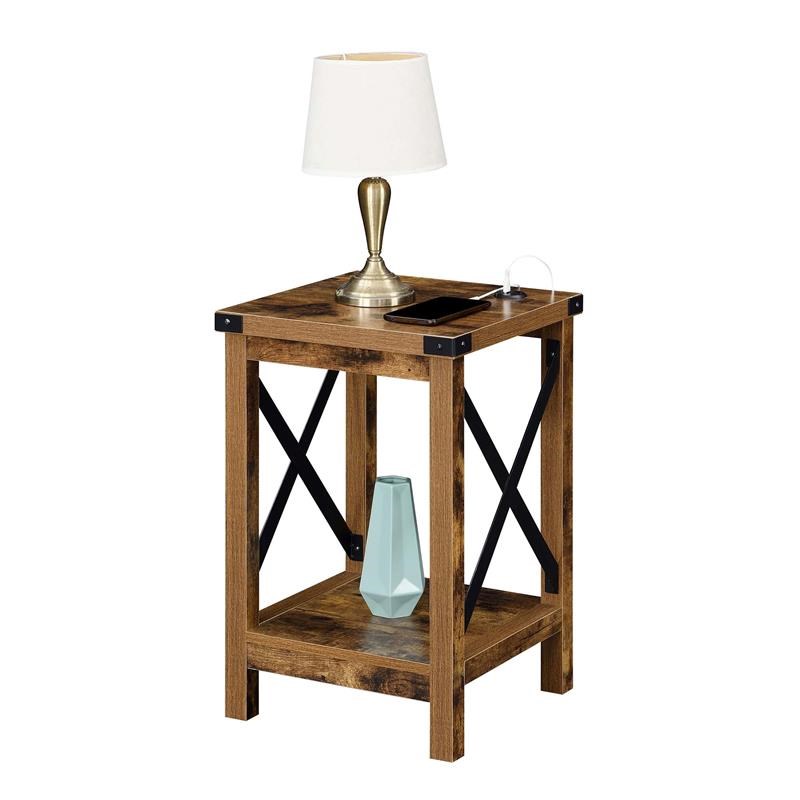 Pemberly Row End Table with Charging Station in Nutmeg Barnwood and Black Metal