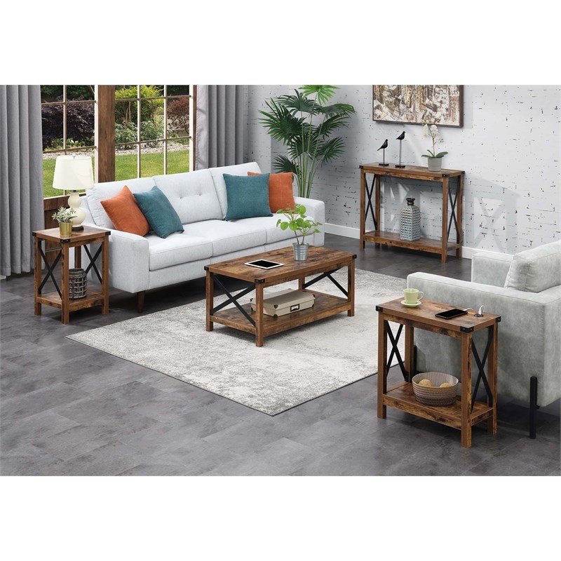 Pemberly Row End Table with Charging Station in Nutmeg Barnwood and Black Metal