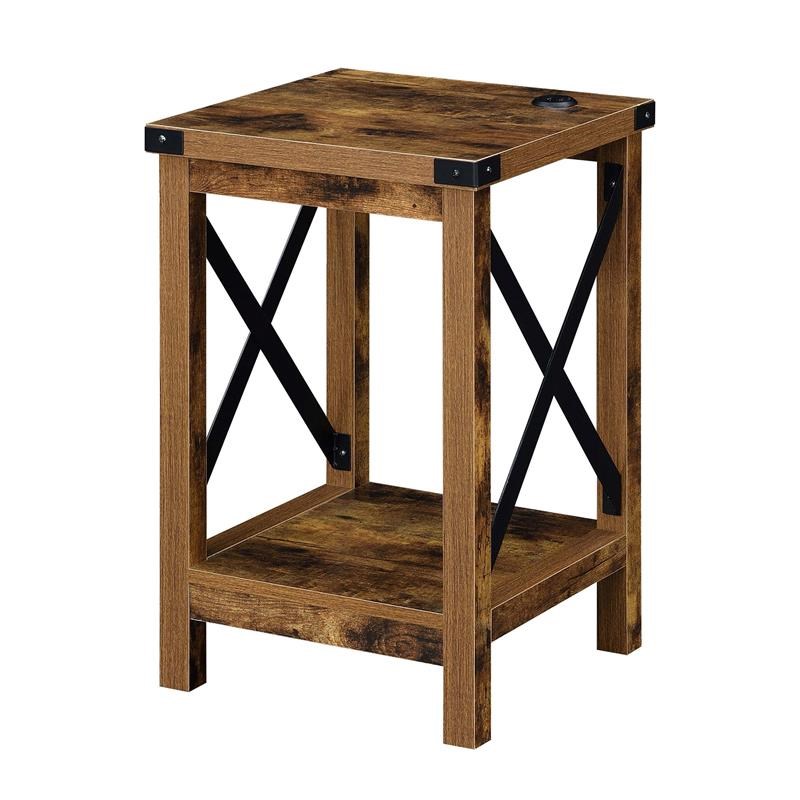 Pemberly Row End Table with Charging Station in Nutmeg Barnwood and Black Metal