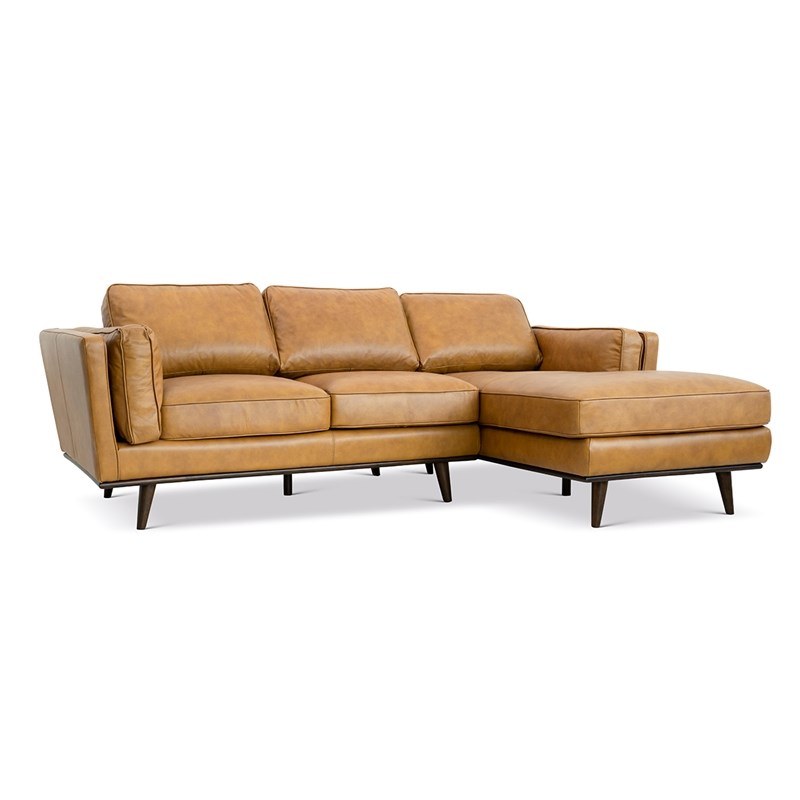 Pemberly Row Mid Century Modern Tan Genuine Leather Sectional Sofa Right Facing