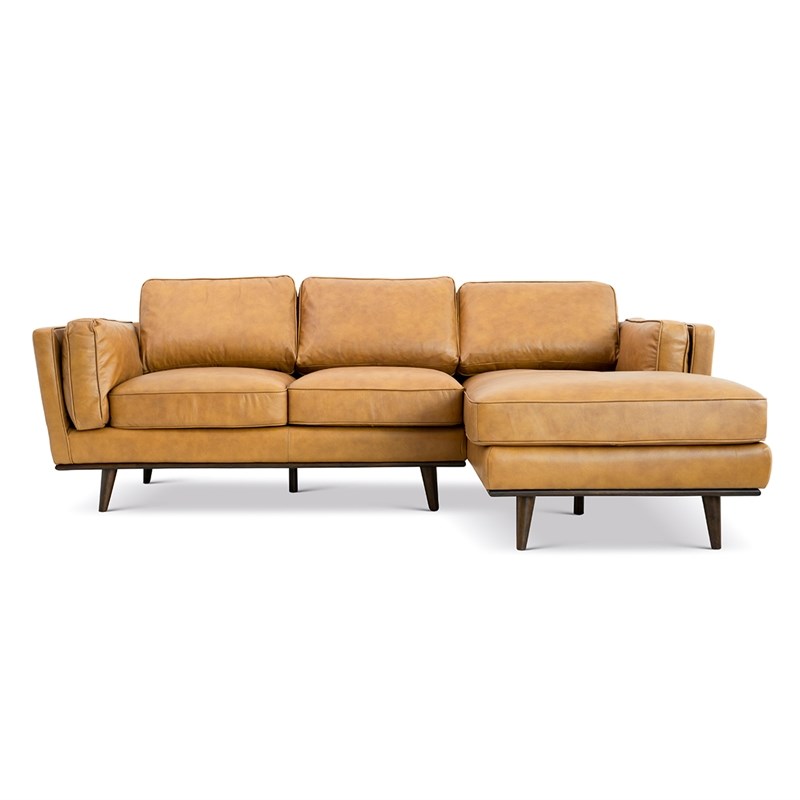 Pemberly Row Mid Century Modern Tan Genuine Leather Sectional Sofa Right Facing
