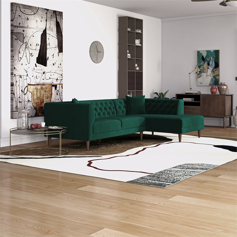 Pemberly Row Mid Century Modern Green Microfiber Sectional Sofa Right Facing Homesquare