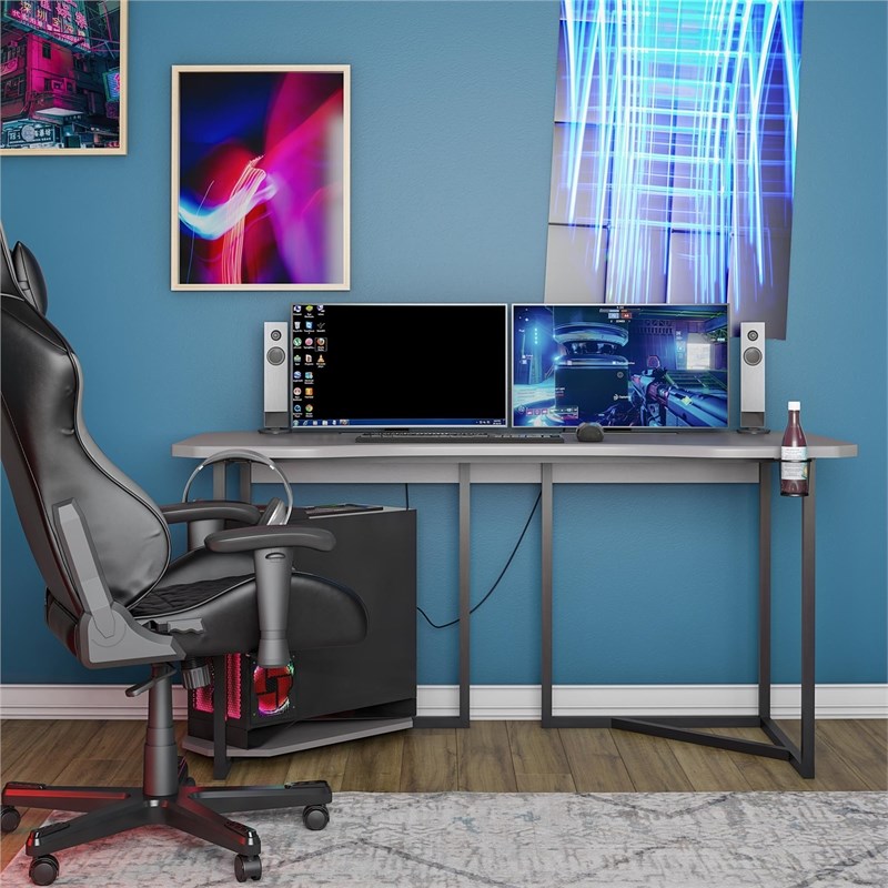 Pemberly Row Gaming Desk with CPU Stand in Gray