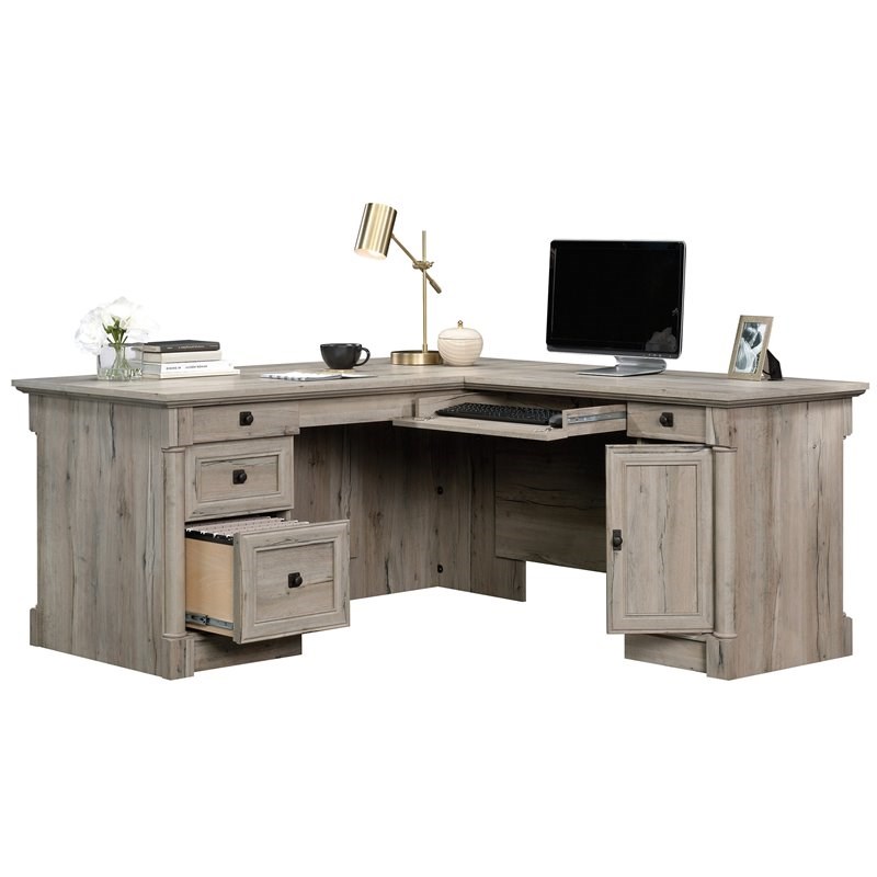 Pemberly Row Contemporary Wood L-Shape Computer Desk in Split Oak