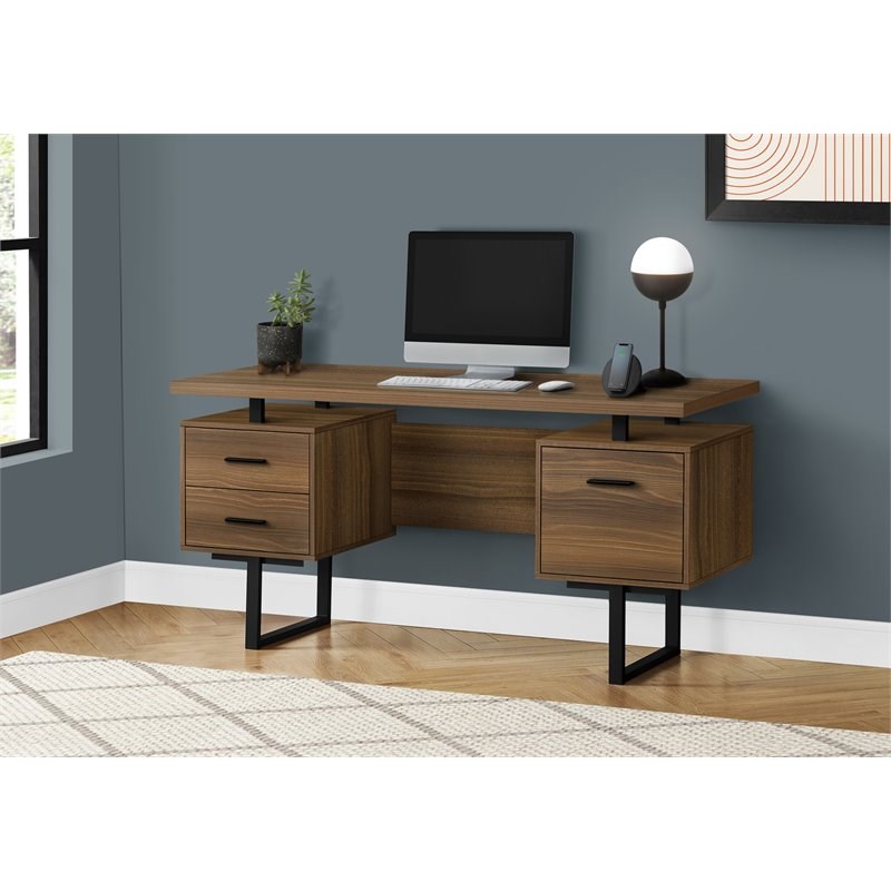 Pemberly Row Revesible Wooden Floating Desktop Computer Desk in Walnut and Black