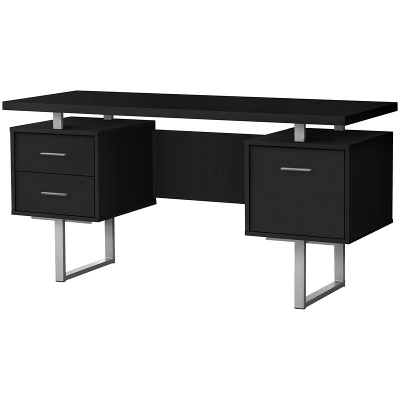 Pemberly Row Revesible Wooden Floating Desktop Computer Desk in Black and Silver