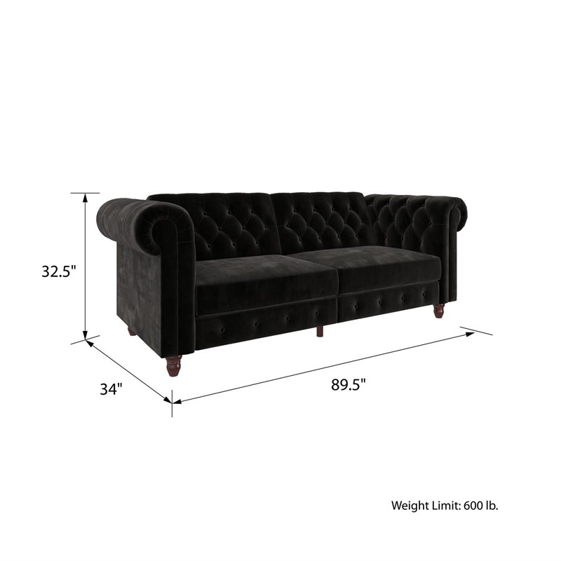 Pemberly Row Contemporary Sofa Futon in Black Velvet