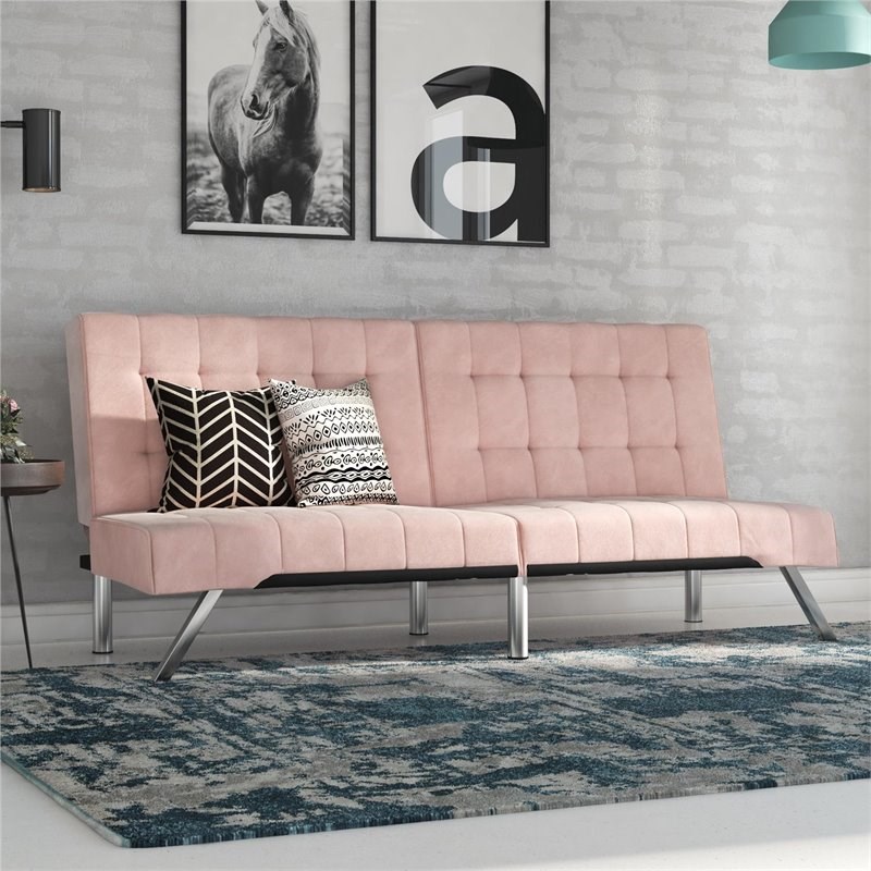 Pemberly Row Contemporary Convertible Tufted Futon Sofa in Pink Velvet