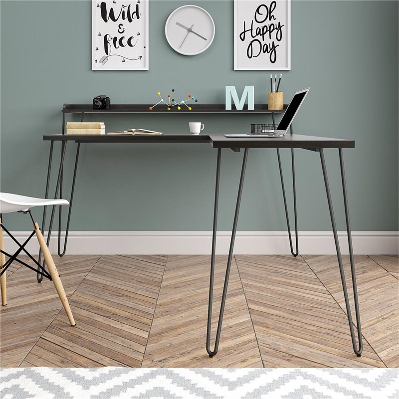 Pemberly Row Mid-Century L Desk with Riser in Espresso Finish
