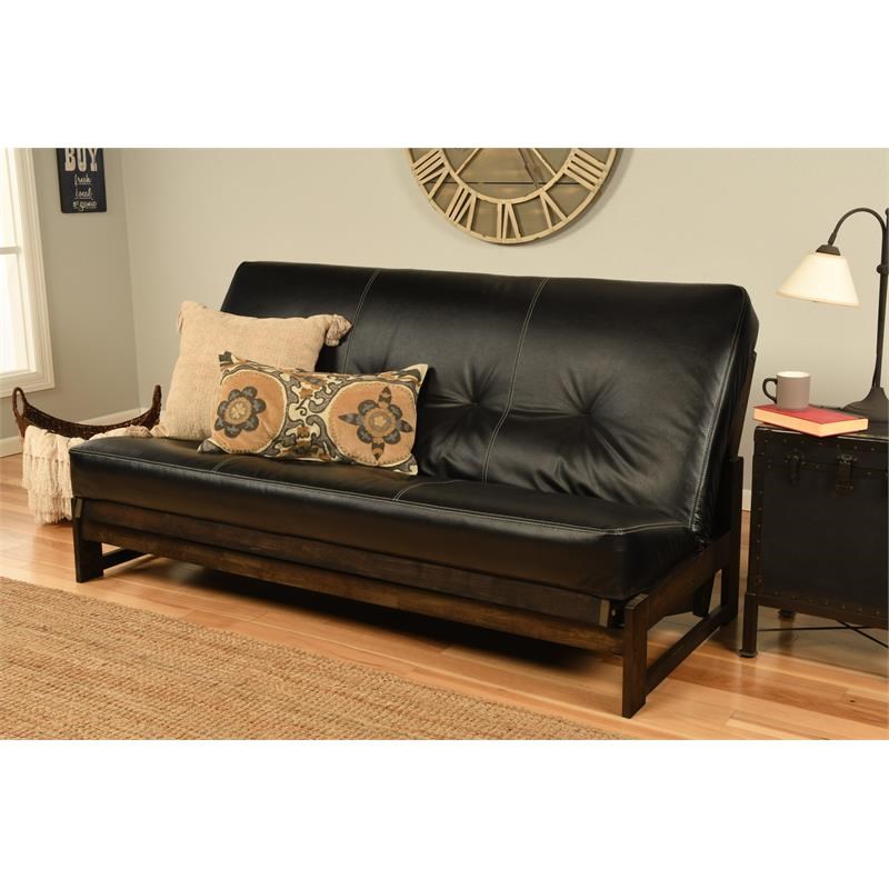 Pemberly Row Contemporary Futon with Faux Leather Mattress in Black