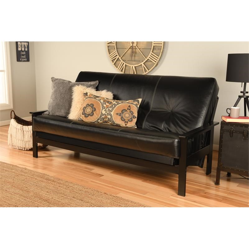 Pemberly Row Contemporary Black Futon with Black Faux Leather Mattress