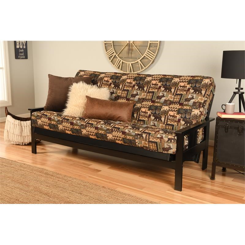Pemberly Row Contemporary Black Futon with Multi-Color Fabric Mattress