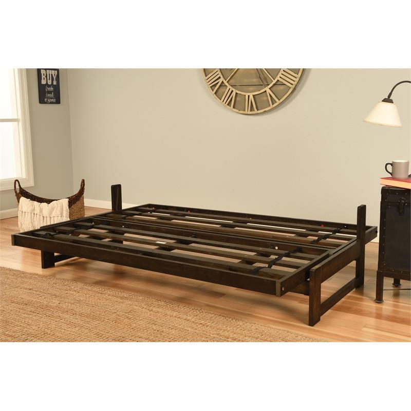 Pemberly Row Contemporary Futon with Faux Leather Mattress in Java Brown