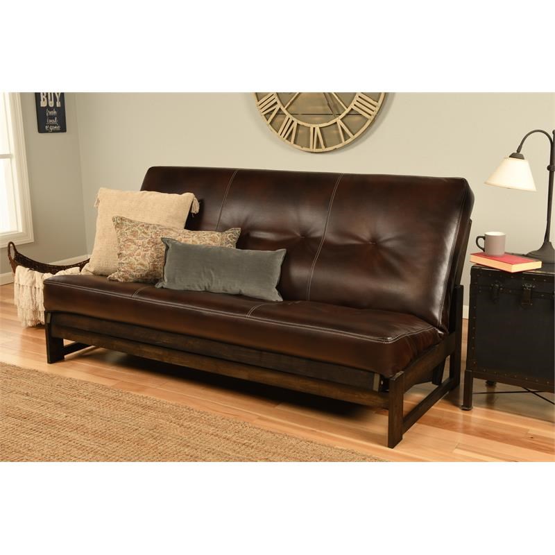 Pemberly Row Contemporary Futon with Faux Leather Mattress in Java Brown