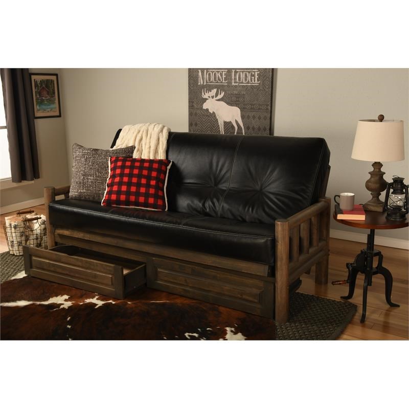 Pemberly Row Contemporary Storage Futon with Black Faux Leather Mattress