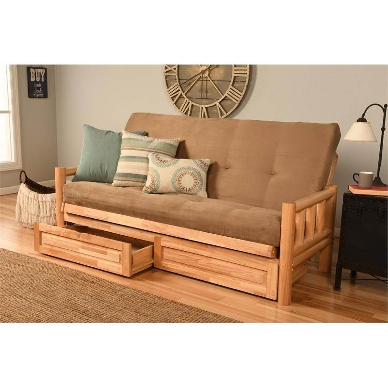 Pemberly Row Futon with Suede Fabric Mattress in Natural and Tan