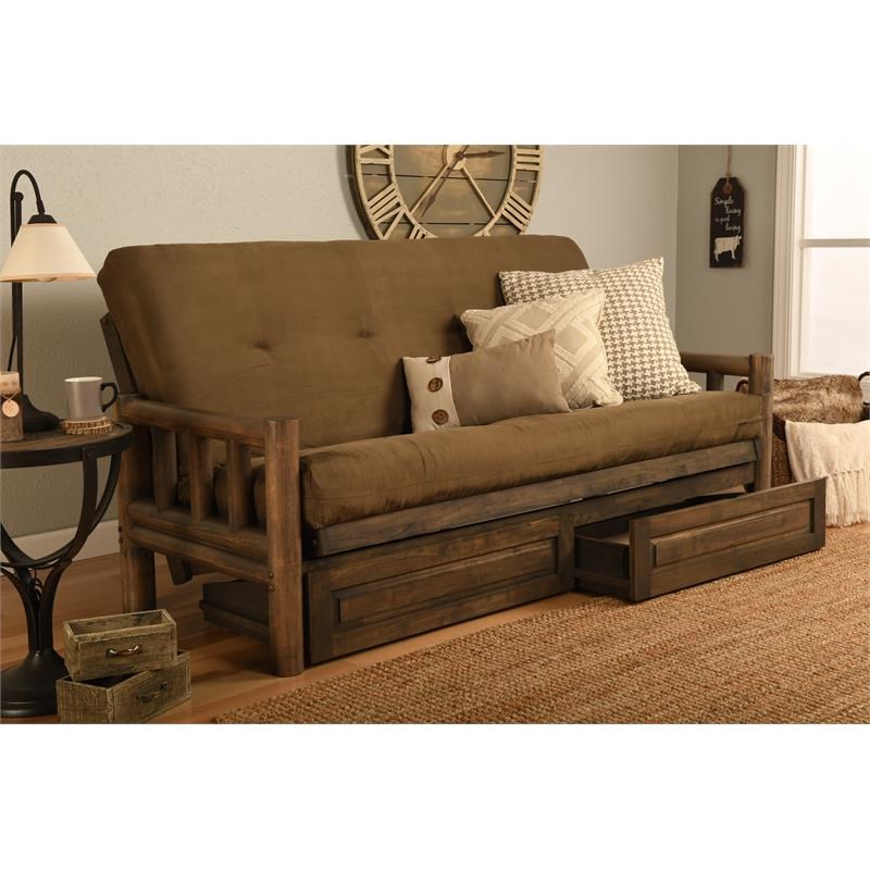 Pemberly Row Futon with Suede Fabric Mattress in Walnut and Brown