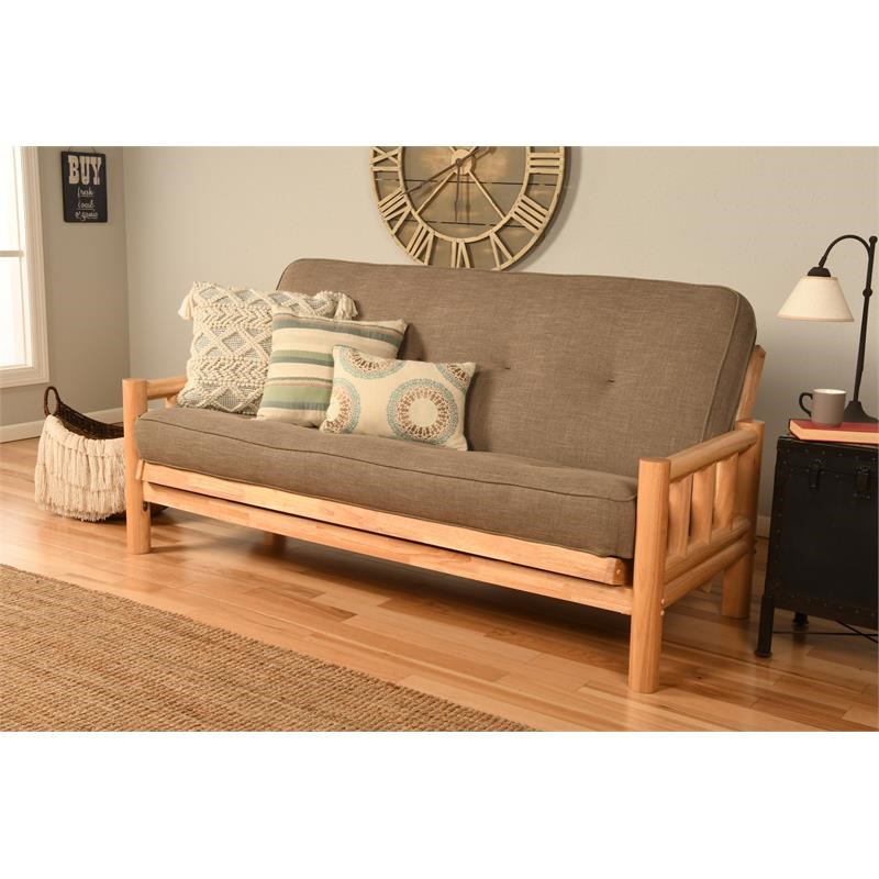 Pemberly Row Futon with Linen Fabric Mattress in Natural and Gray